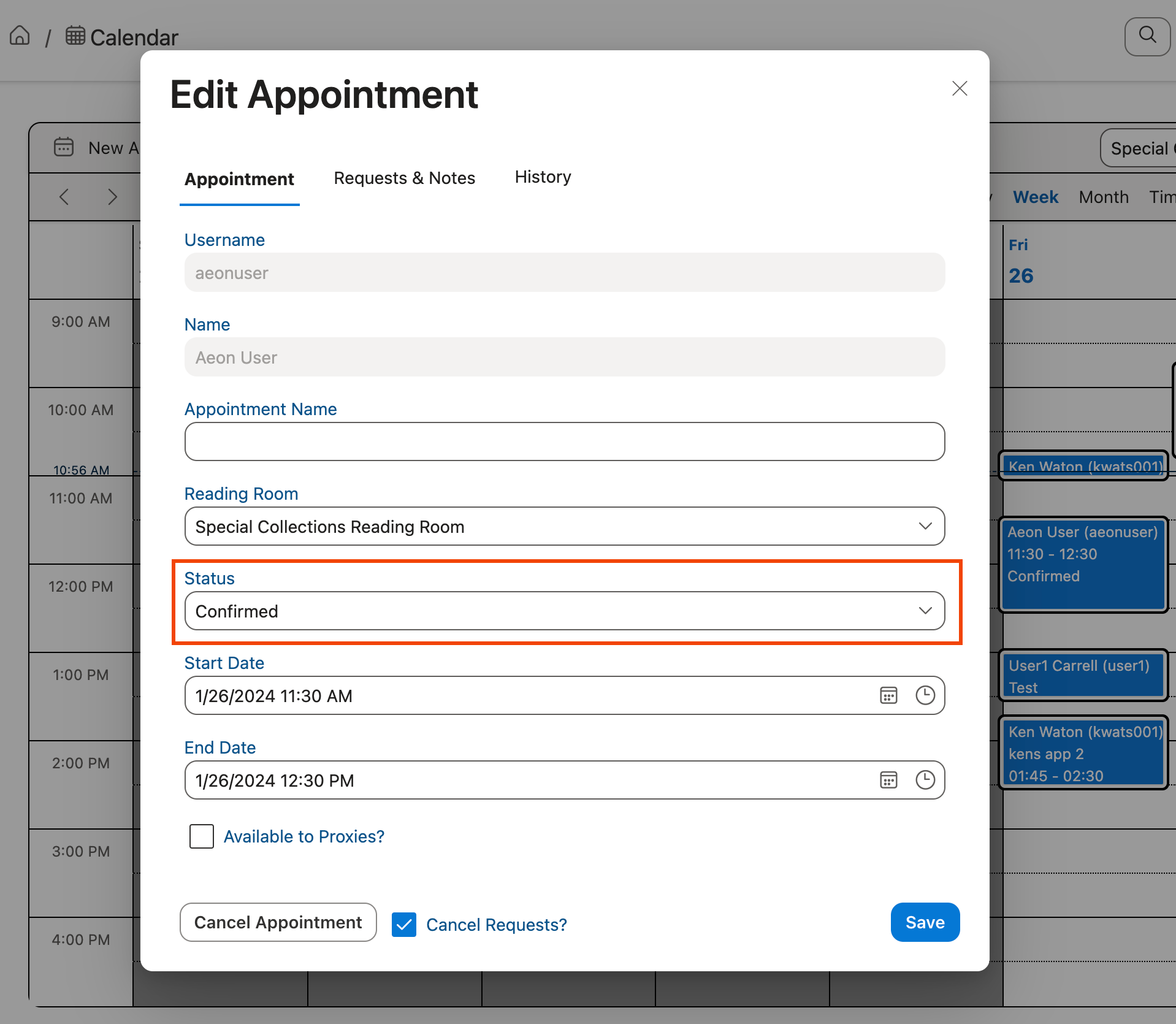 Appointment status displayed on the Appointment form in the Aeon Web Client